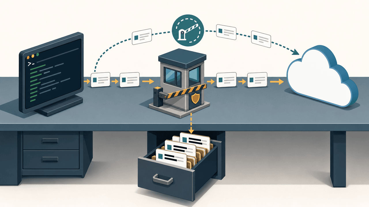 A request leaves the terminal, passes a local checkpoint that files a redacted copy, and continues to the model API; if the checkpoint is down, traffic takes the bypass and goes direct.